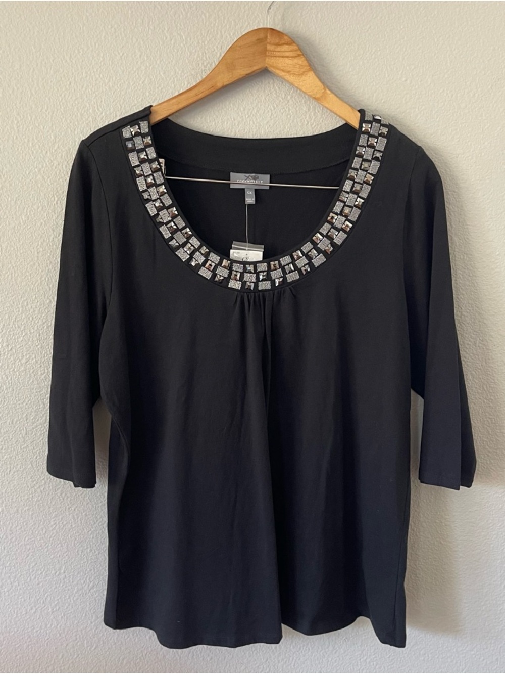 Essentials Black Jeweled Neck Top Size 0X NWT